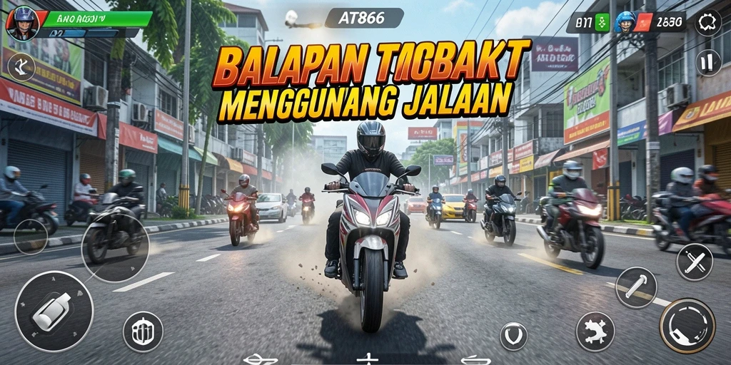 Tampilan gameplay seru di AT866 dengan balapan motor yang menegangkan.