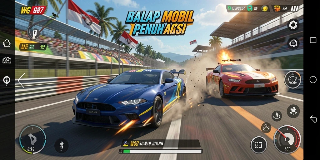 Screenshot gameplay WG87 menampilkan balapan mobil yang intens dan mendebarkan.
